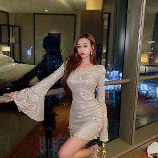 Bell-sleeve Glittered Mini Dress