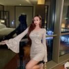 Bell-sleeve Glittered Mini Dress