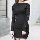 Off-shoulder Long-sleeve Mini Knit Sheath Dress