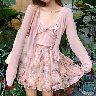 Light Jacket / Spaghetti Strap Knit Top / Mini Skirt