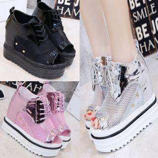 Peep-toe Mesh Wedge Sneakers