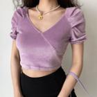 Cropped V-neck Plain Puff-sleeve Top