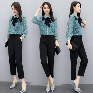 Set: Tie-neck Lettering Shirt + Cropped Dress Pants