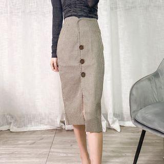 Houndstooth Slit Midi Pencil Skirt