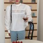 Lantern-sleeve Plain Perforated Blouse White - One Size