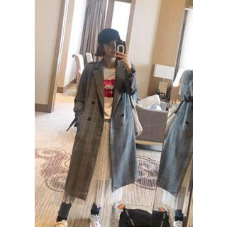 Double-breasted Plaid Long Trench Coat With Belt