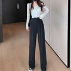Long-sleeve Plain Top / High-waist Wide-leg Pants