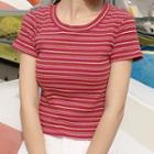 Striped Crew-neck Cropped T-shirt