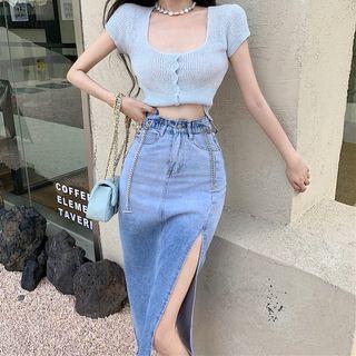 Short-sleeve Crop Knit Top / Gradient Slit Denim Midi Pencil Skirt