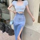 Short-sleeve Crop Knit Top / Gradient Slit Denim Midi Pencil Skirt