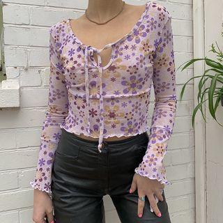 Long Sleeve Flower Pattern Tie-front Top