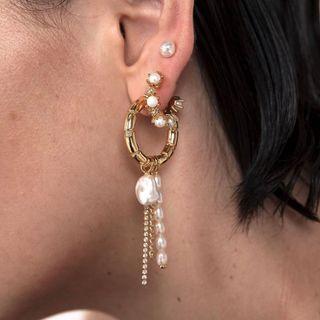 Faux Pearl Alloy Chain Fringed Earring 1 Pair - S925 Silver - Earrings - One Size