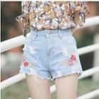 Ripped Embroidered Denim Shorts