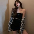 Set: Arrow-print Tube Top + Mini Pencil Skirt / Loose-fit Plaid Shirt