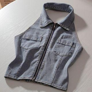 Halter Zip-up Denim Tank Top