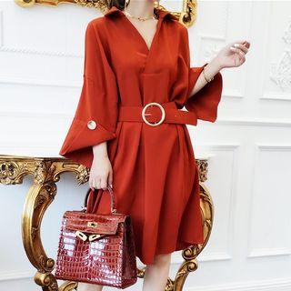 3/4-sleeve Belt-waist A-line Dress Dark Tangerine Red - One Size