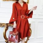 3/4-sleeve Belt-waist A-line Dress Dark Tangerine Red - One Size