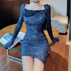 Long-sleeve Embellished Square-neck Mini Bodycon Dress