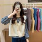 Balloon-sleeve Floral Print Blouse / Single-breasted Sweater Vest