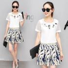 Set: Embroidered Short Sleeve Top + Printed A-line Skirt