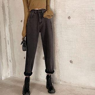 Plain High-waist Fleece Jeans