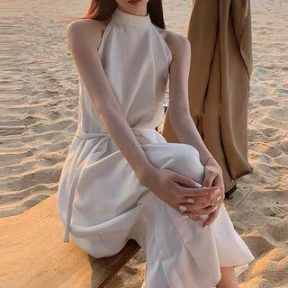 Sleeveless Mock-neck Tie-waist Midi A-line Dress