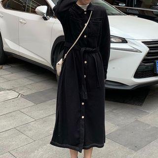 Long-sleeve Sashed Midi A-line Shirt Dress As Shown In Figure - One Size