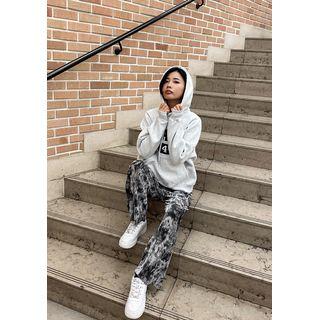 Letter Patch Kangaroo Hoodie Melange Gray - One Size