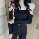 Long-sleeve Cutout Color-block Knit Top As Shown In Figure - One Size