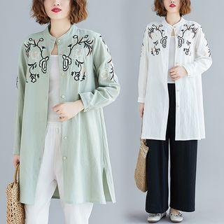 Embroidered Stand-collar Medium Long Shirt