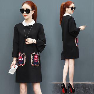 Floral Embroidered Peter Pan Collar Bell-sleeve Pocketed A-line Dress