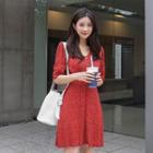 Elbow-sleeve Tie-waist Pattern A-line Dress