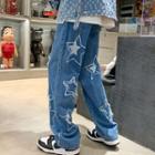 Star Print Distressed Wide-leg Jeans