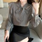 Ribbon Tie-neck Houndstooth Blouse
