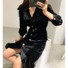 Puff-sleeve Single Breasted Velvet Dress Black - One Size