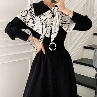 Long-sleeve Collared Print Panel Midi A-line Dress Black - One Size