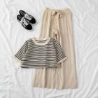Short Sleeve Striped Knit Top / Lace-up Wide-leg Pants