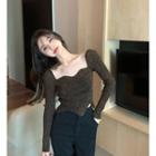 Melange Long-sleeve Asymmetric Knit Top Coffee - One Size