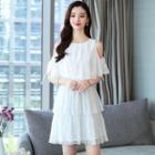 Elbow-sleeve Cold Shoulder Lace A-line Dress