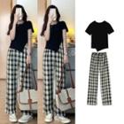 Set: Short Sleeve Asymmetrical Hem Plain T-shirt + Plaid Loose-fit Pants