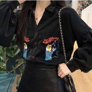 Lantern-sleeve Shirt / Faux-leather A-line Skirt