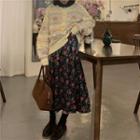 Printed Knit Cardigan / Floral Printed Midi Skirt
