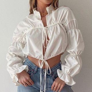 Drawstring Long-sleeve Cropped Cardigan
