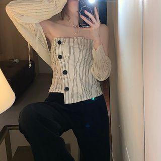 Strapless Print Button-up Top / Knit Shrug
