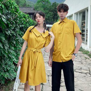 Couple Matching Short-sleeve Plain Shirt / Short-sleeve Collar Smock Dress / Plain Shorts