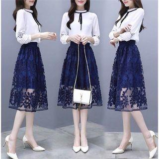 Set: Long-sleeve Blouse + Midi Lace Skirt