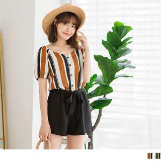 Off-shoulder Striped Panel Playsuit