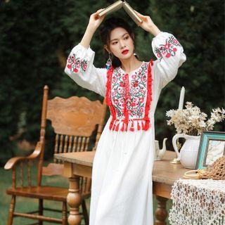 Embroidered Tassel Maxi A-line Dress