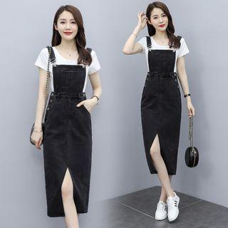 Set: Short Sleeve Plain T-shirt + Denim Slit Straight Cut Jumper Dress