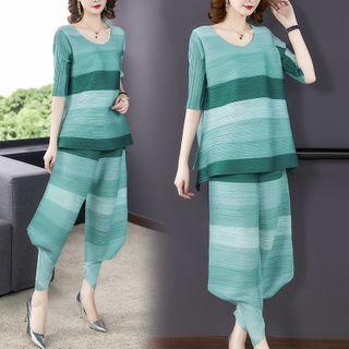 Set: Striped Elbow-sleeve Blouse + Cropped Harem Pants